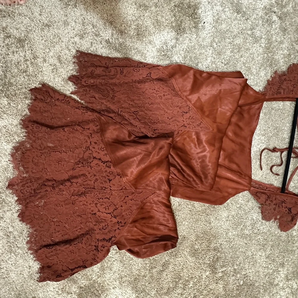 Anthropologie Rust Lace-Trim Satin Jumpsuit - Picture 6 of 7